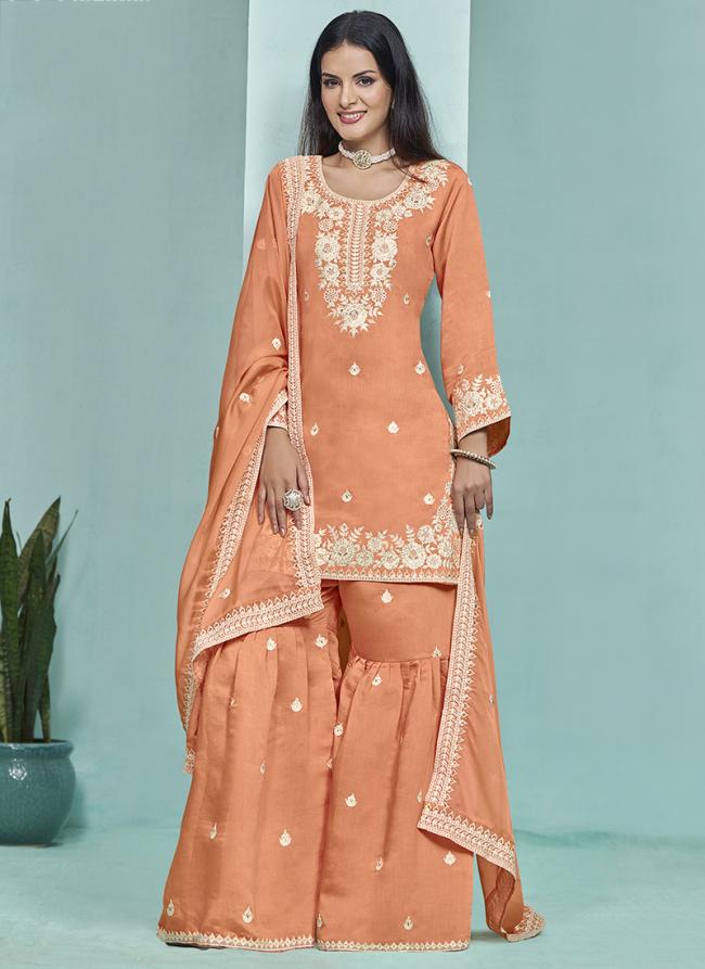 Roman Silk Pastel Orange Wedding Wear Embroidery Work Sharara Suit